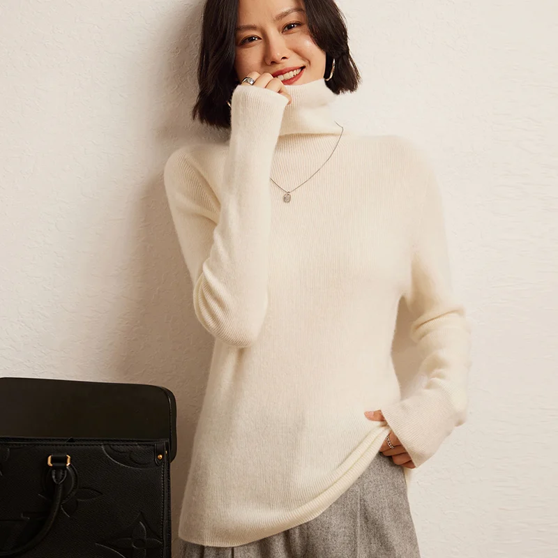 100% cashmere sweater women's knitted pullover sweater high neck solid color slim fit soft cashmere basic women's sweater - Image 4