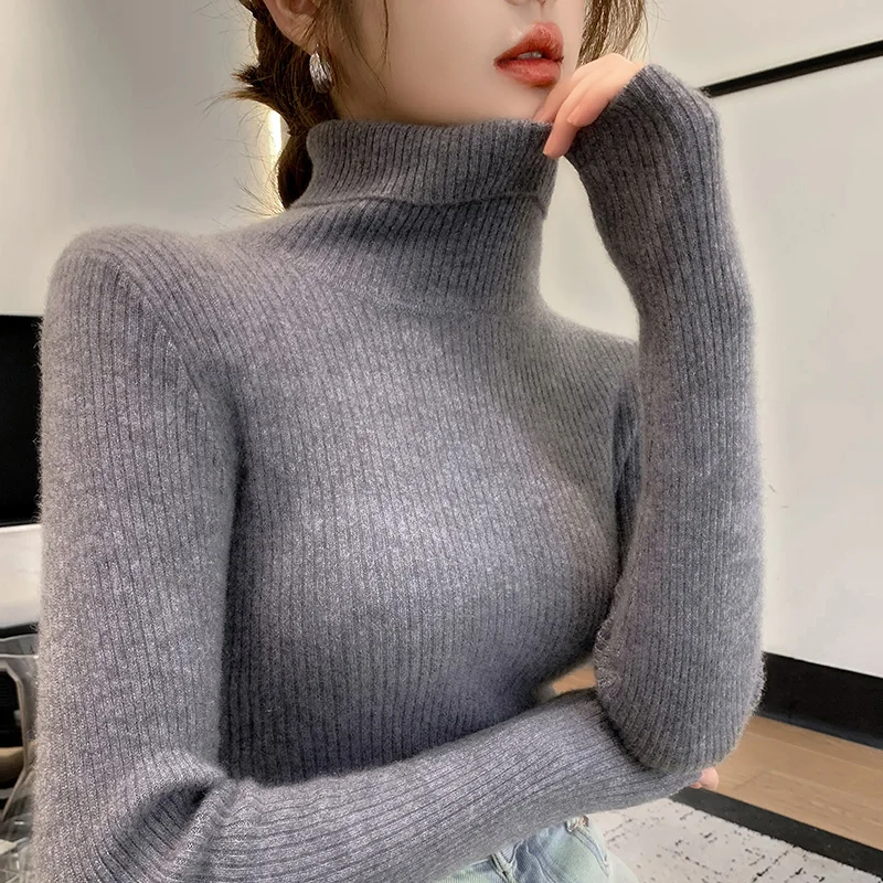 100% cashmere sweater women's knitted pullover sweater high neck solid color slim fit soft cashmere basic women's sweater - Image 3