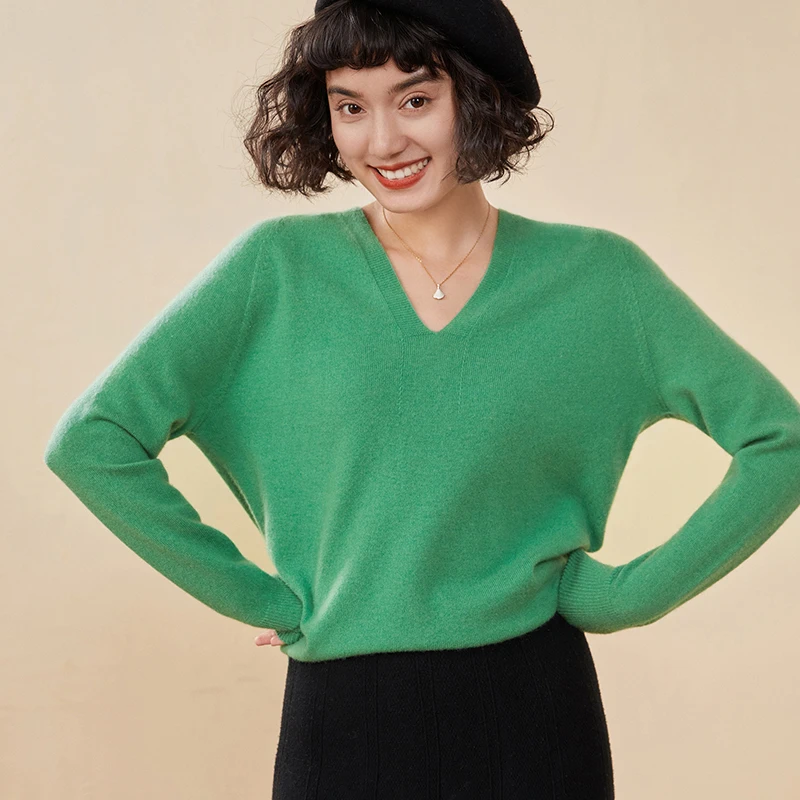 Autumn And Winter New Women's Cashmere Sweater 100% Pure Cashmere V-neck Knitted Pullover Long Sleeved Hot Selling Women's Top - Image 2
