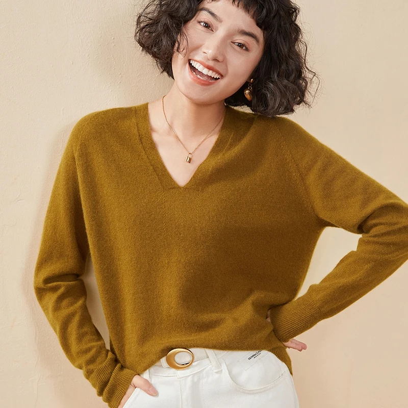 Autumn And Winter New Women's Cashmere Sweater 100% Pure Cashmere V-neck Knitted Pullover Long Sleeved Hot Selling Women's Top - Image 3