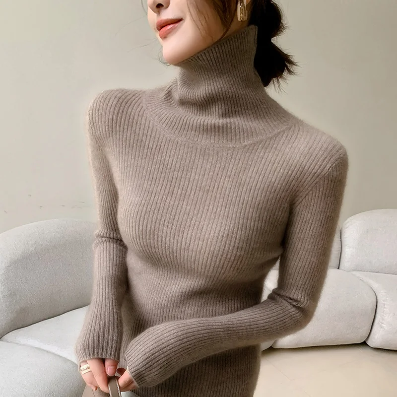 100% cashmere sweater women's knitted pullover sweater high neck solid color slim fit soft cashmere basic women's sweater - Image 5