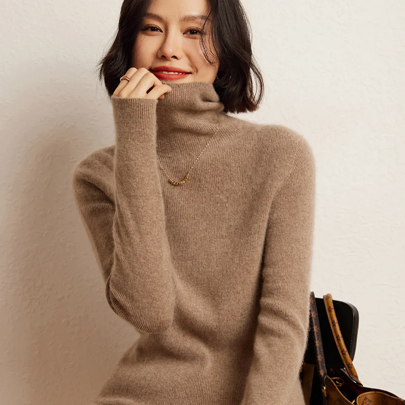 100% cashmere sweater women's knitted pullover sweater high neck solid color slim fit soft cashmere basic women's sweater - Image 3