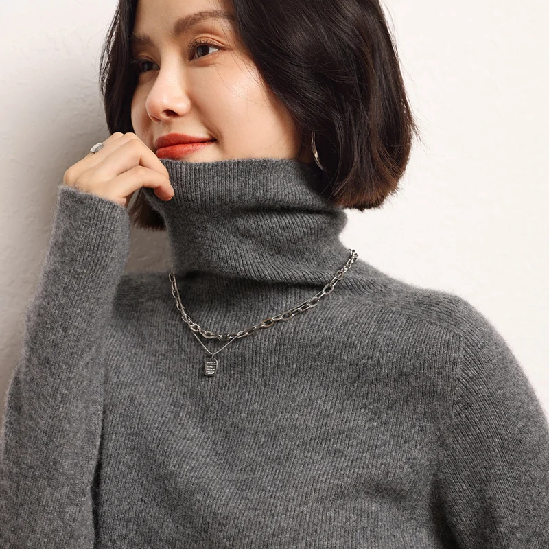 100% cashmere sweater women's knitted pullover sweater high neck solid color slim fit soft cashmere basic women's sweater - Image 2