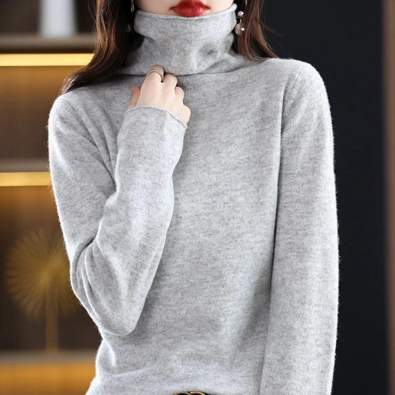 100% Pure Wool Cashmere Sweater Women's High Collar Pullover Casual Knit Top Autumn Winter Women's Jacket Korean Fashion - Image 3