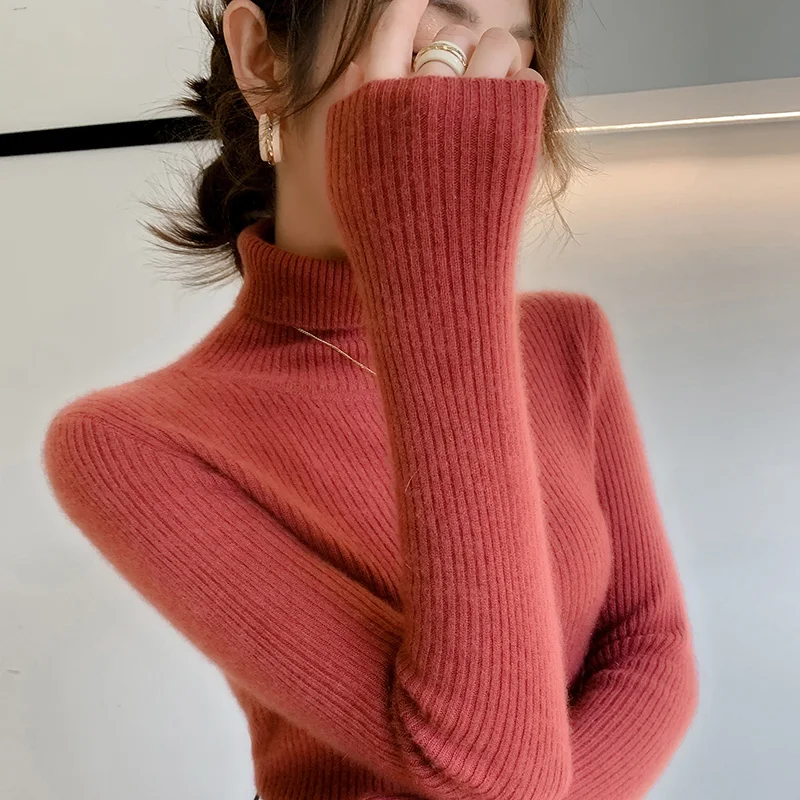 100% cashmere sweater women's knitted pullover sweater high neck solid color slim fit soft cashmere basic women's sweater - Image 6