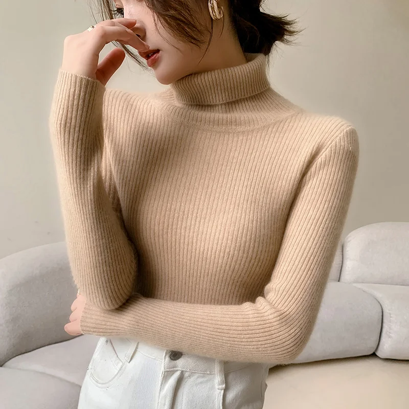 100% cashmere sweater women's knitted pullover sweater high neck solid color slim fit soft cashmere basic women's sweater - Image 4